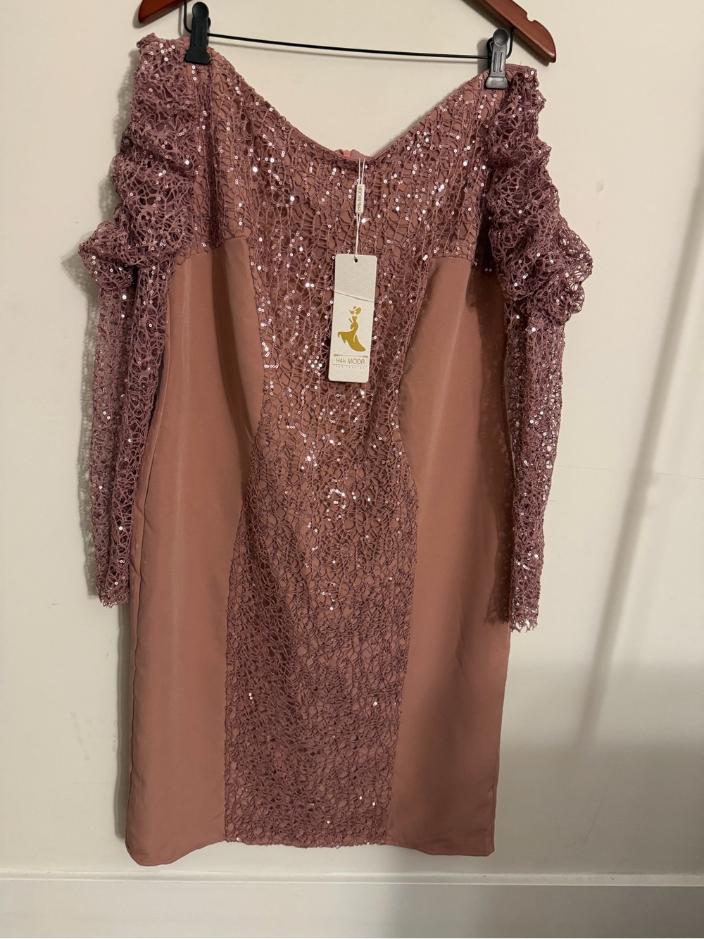 Off-Shoulder Sequin Lace Long-Sleeve Dress in Dusty Rose